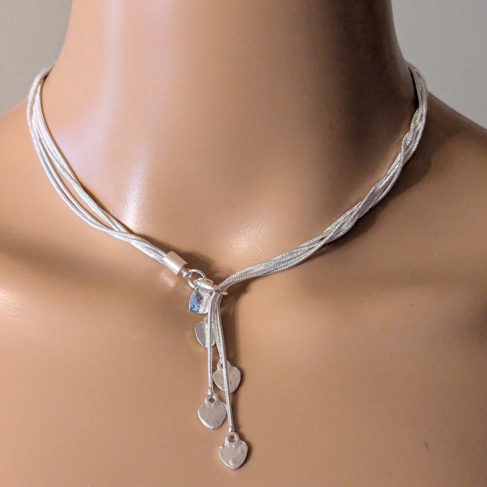 925 Sterling Silver Multi Strand Dangle Heart Necklace